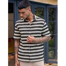 Bewakoof Men Black and Beige Textured Oversized Crochet Shirt