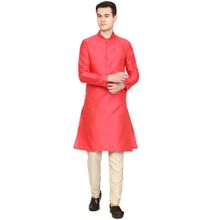 THE KURTA COMPANY Mens Carrot Red Silk Blend Kurta
