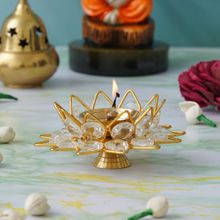 eCraftIndia White & Golden Lotus Shaped Crystal Brass Tea Light Holder