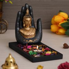 eCraftIndia Palm Buddha Showpiece with Rectangle Wooden Base, Fragranced Petals & Tealight