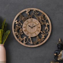 eCraftIndia Light Brown Butterfly Designer Round Shape Roman Numerals Wooden Wall Clock