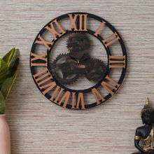 eCraftIndia Black & Copper Machine Modern Round Shape Roman Numerals Wooden Wall Clock