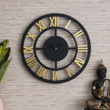 eCraftIndia Black & Golden Modern Round Shape Roman Numerals Wooden Wall Clock