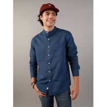 American Eagle Men Blue Band Collar Linen Button-Up Shirt