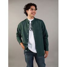 American Eagle Men Green Band Collar Linen Button-Up Shirt