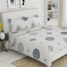 Haus & Kinder Luxurious Satin Print 300 Tc Cotton King Printed Bedsheet - White- Grey - Blue