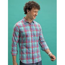 HIGHLANDER Men Pink & Aqua Blue Regular Collar Full Sleeve Striped Shirt