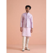 KISAH Men Lilac Embroidery Silk Blend Kurta Jacket Trouser Set with Floral Design