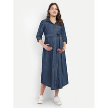 Mamma's Maternity Navy Blue Solid Denim Maternity Dress with Belt (Set of 2)