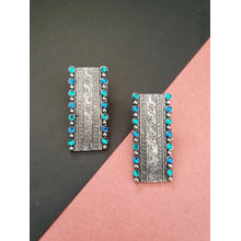 Infuzze Oxidised Silver Toned & Blue Beaded & Textured Rectangular Drop Earrings