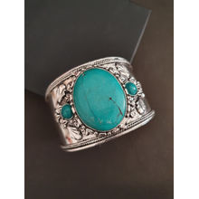 Infuzze Turquoise Blue & Oxidised Silver-Plated Stone-Studded Cuff Bracelet