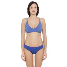 Clovia Cotton Non-Padded Non-Wired Full Cup Bra & Low Waist Bikini Panty - Blue