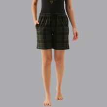 Kryptic Olive Lounge Shorts For Women, Has A Checked Pattern, Cotton Fabric