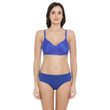 Clovia Cotton Rich Non-Wired Spacer Cup T-Shirt Bra & Mid Waist Hipster Panty - Blue