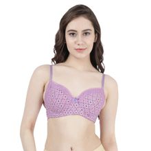 Shyaway Women Pastel Lilac Printed Lace Neckline Padded Wired Bra