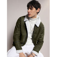 Campus Sutra Men's Olive and Chalk White Fleece Lined Biker Jacket