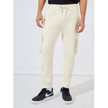 Styli Men Off White Solid Cargo Jogger with Zipper Pockets