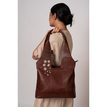Miri Brown Hand Embroidered Cherry Blossoms Tote Bag