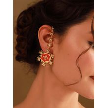 Voylla Red Rajwada Surya Attached Ear Chain Stud Earrings