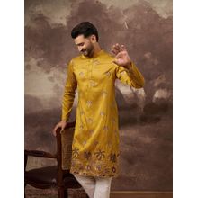 ETHNIC BAY Men Silk Blend Solid Embroidered Straight Yellow Kurta