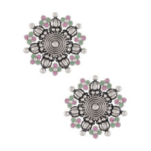 Tribe Amrapali Pink Green Enamel Coin Flower Chandrika Ear Studs