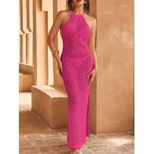 Addery Hot Pink Crochet Halter Maxi Dress Cover-Up