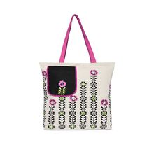 Pick Pocket Off-White Side Pocket Pink Flower Embroidered Tote Bag