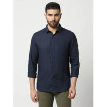 Dragon Hill Full Sleeves Navy Blue Pure Linen Shirt with Pocket