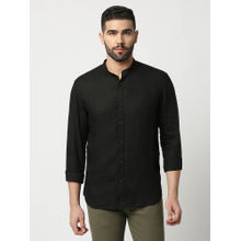 Dragon Hill Full Sleeves Black Pure Linen Shirt with Mandarin Collar