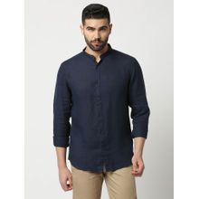 Dragon Hill Full Sleeves Navy Blue Pure Linen Shirt with Mandarin Collar