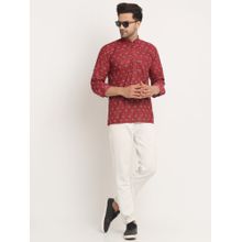 Kraft India Men Cotton Jaipuri Printed Maroon Short Kurta with Roll-Up Sleeves