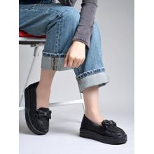 HVNLY by Shoetopia Women Black Bow Platform Loafers
