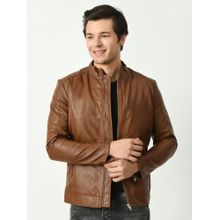 TBOJ Men Solid Leather Jacket - Brown