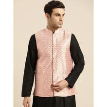 SOJANYA Mens Silk Blend Light Pink & Gold Self Design Nehru Jacket