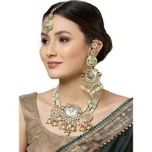 Dugran By Dugristyle Green and Cream Necklace with Earring and Maang Tikka Set with Kundan Pearls