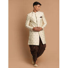 Vastramay Men's Beige And Coffee Brown Silk Blend Sherwani and Dhoti (Set of 2)
