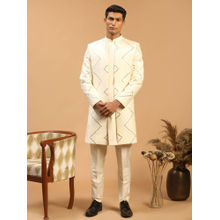 Vastramay Men's Cream Viscose Sherwani Set (Set of 2)