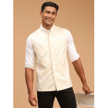 Vastramay Men's Cream Mirror Work Nehru Jacket