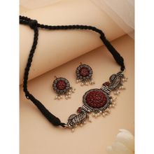 Aatmana Silver Plated Red Stone Studded & Pearl Beaded Oxidised Peacock Shaped Jewellery Set