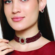 OOMPH Maroon Red Beads Multi Layer Choker Necklace Set with Marching Earrings