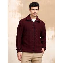 Kvetoo Wine Men Cable Knit Full Sleeve Sweater Jacket Front Full Zipper Jacket