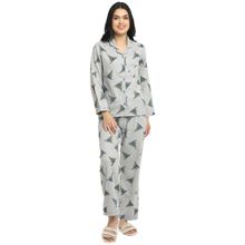Shopbloom X-Mas Tree Print Cotton Flannel Long Sleeve Women'S Night Suit - Grey
