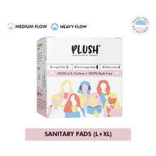 Plush L + XL Sanitary Pads - 100% Pure Us Cotton Pads - 14 Pcs + 2 Free Panty Liners