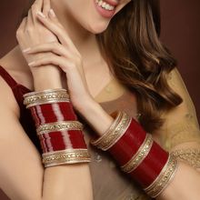 PANASH Red and Gold Plated of 74 AD Stone Matching Bangles Wedding Chuda (Set of 74)