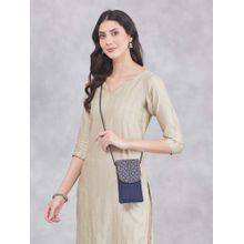 Fabindia Navy Blue Polyester Embroidered Mobile Pouch