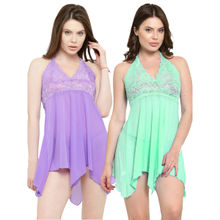 N-Gal Asymmetrical Babydoll Dress Nightwear With G-string_purple,seagreen_s_combo Of 2