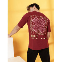 RIGO Men Maroon Jersey Oversized Printed T-Shirt
