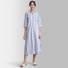 Fablestreet Striped Linen Maxi Shirt Dress - White and Blue