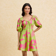 Twenty Dresses by Nykaa Fashion Green Floral V Neck Backless Fit and Flare Satin Mini Dress