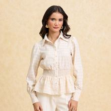 Twenty Dresses by Nykaa Fashion Off White Textured Shirt Collar Peplum Top